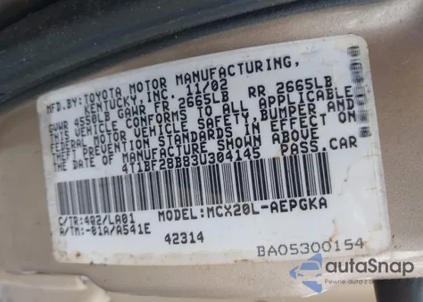 2003 Toyota Avalon Xls z USA, uszkodzony, nr VIN 4T1BF28B83U304145